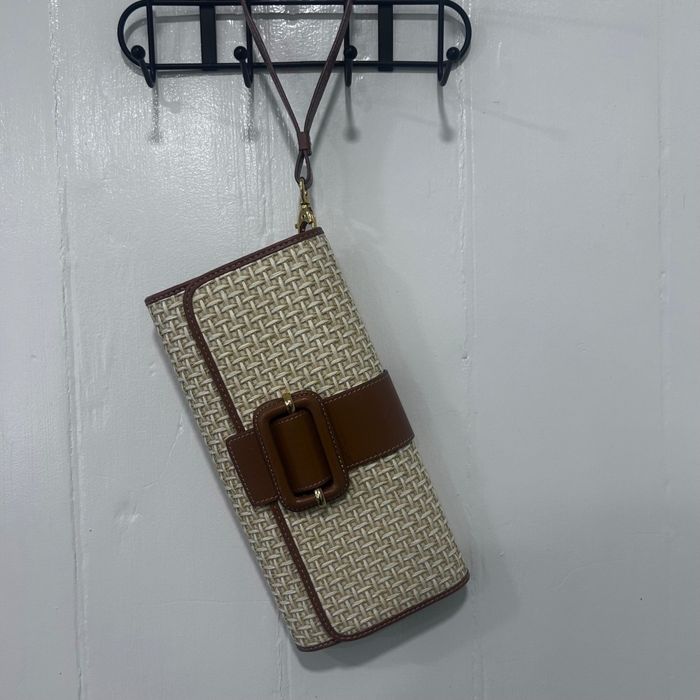 Woven Straw Wristlet Clutch Bag Brown Buckle Detail Cream Tan Summer Handbag